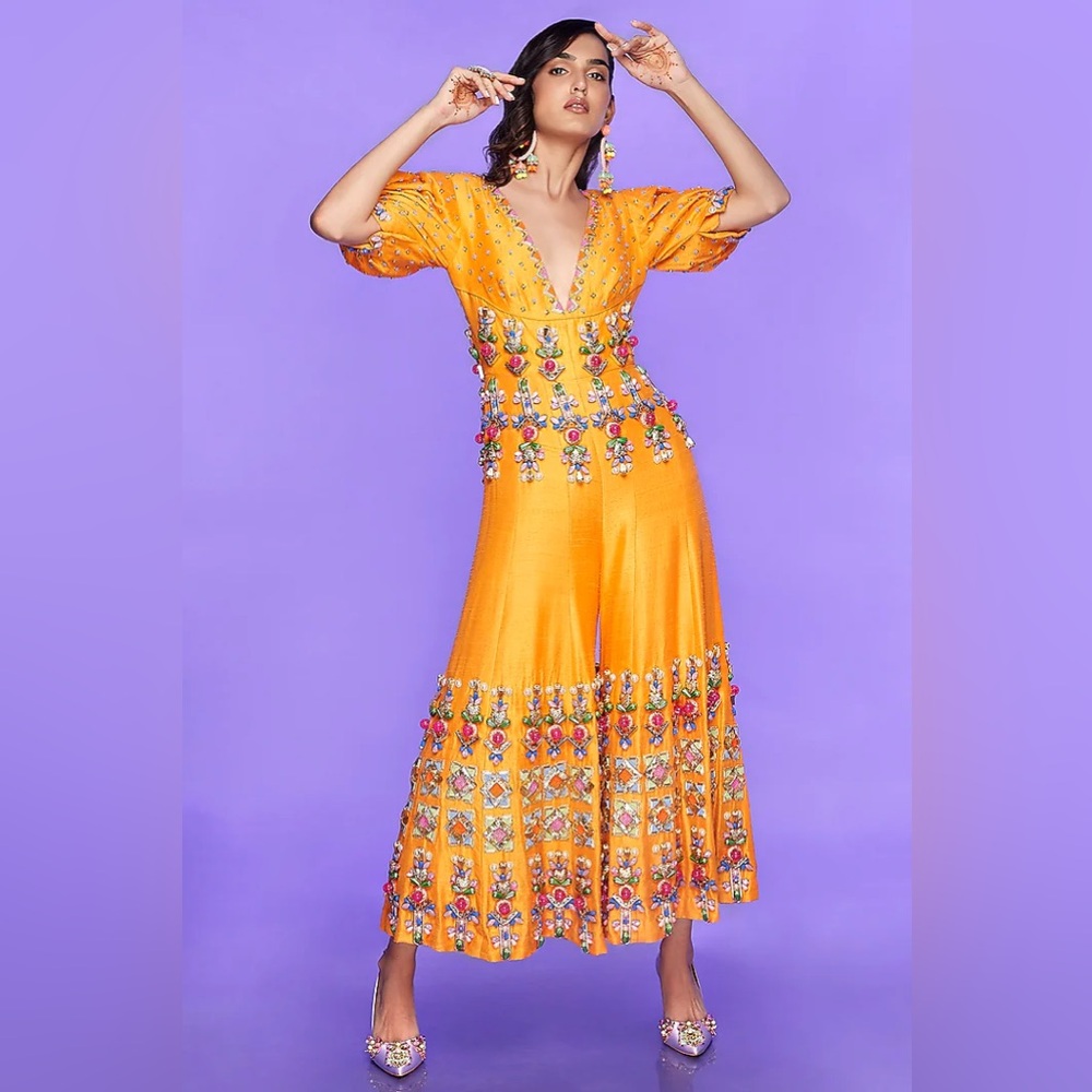 Indian Wedding Guest - Papa Don’t Preach Vibrant Orange Embellished Jumpsuit